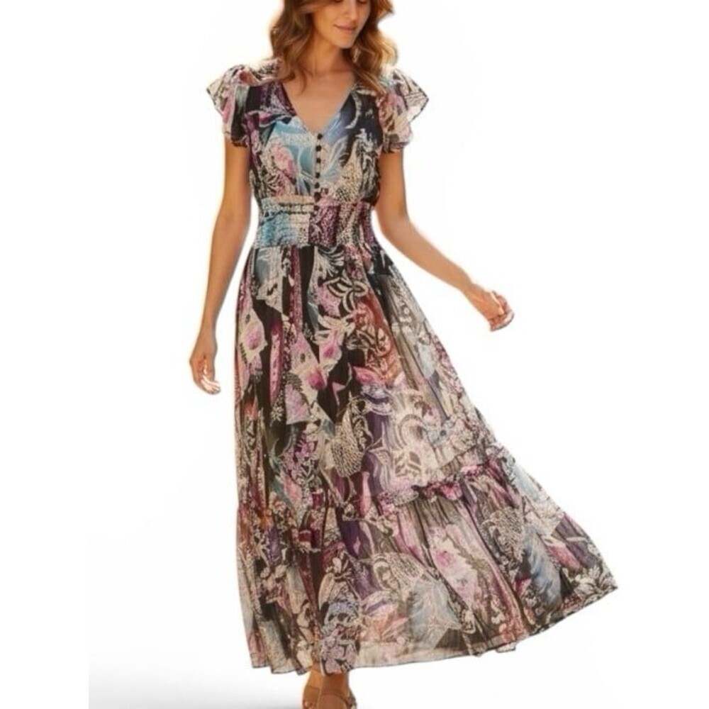 Jaase Boho Floral Patchwork Maxi Dress Smocked Waist Ruffle Tiered Large